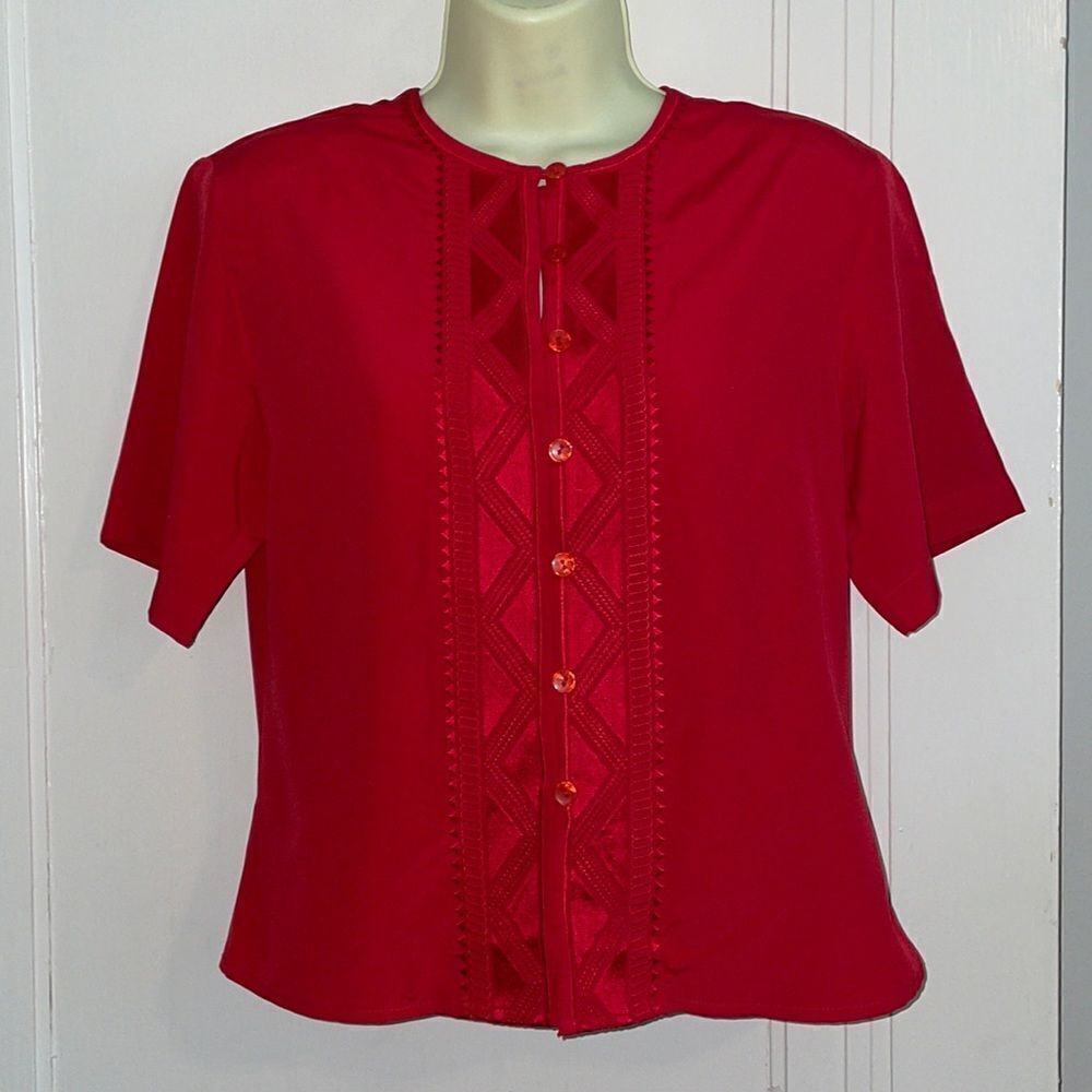 Vtg 80s Yves St Clair Petites red‎ polyester blouse with embroidered front